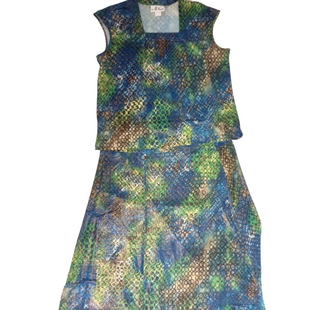 N Touch 2 PC Square Neck Geometric Blue/Green/Brown Midi Skirt/Top XL
